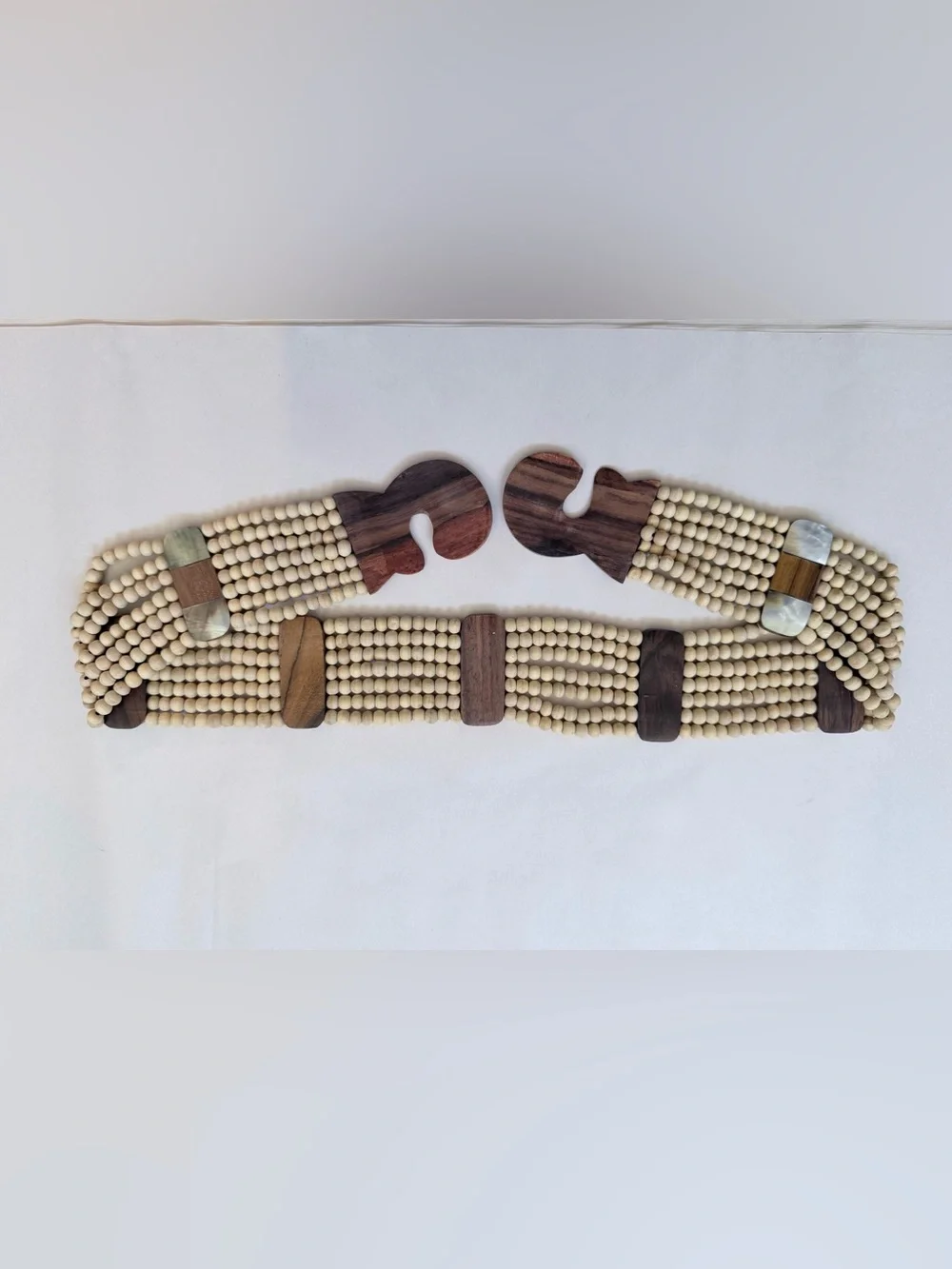 Wood Beaded Stretch Belt Wide Boho Natural Wood 32-33” Unmarked Statement